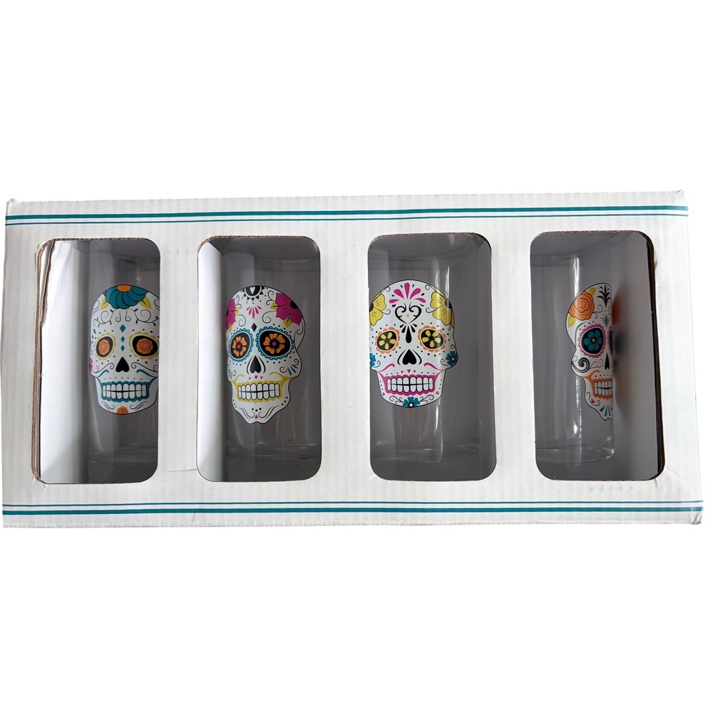Paper Source Sugar Skull Glasses Set of Four 8 oz Dia de los Muertos Tumbler New